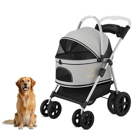 Luxe Haus 4 Wheel Foldable Pet Stroller - Lightweight Dogs and Cats Stroller Upto 50lbs with Mesh Canopy, Storage Basket and Cup Holder, Durable for Walks and Outings (Medium)