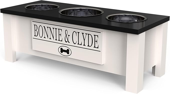 GrooveThis Woodshop - Personalized Elevated Triple Dog Bowl Stand for Large, Medium, Small, X-Small Dogs - 3 Stainless Steel Food and Water Bowls - Raised Dog Dish Internal Storage (Medium, Black)