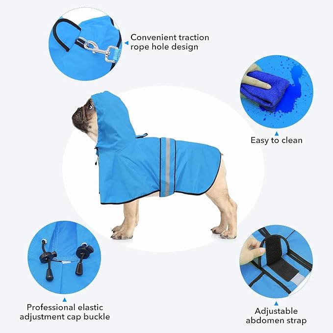 Dog Raincoat, Reflective Waterproof Hooded Pet Rain Jacket, Lightweight Dog Slicker Poncho with Leash Hole for Large Dogs (Blue, XX-Large)