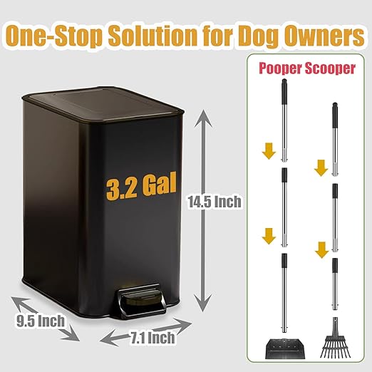 Metal Dog Pooper Scooper for Yard - 3.2Gal Dog Poop Trash Can Outside with Pedal - Pet Waste Container Outdoor - Stainless Steel Garbage Bucket with Lid - Black Trash Bin, Long Handle Tray and Rake