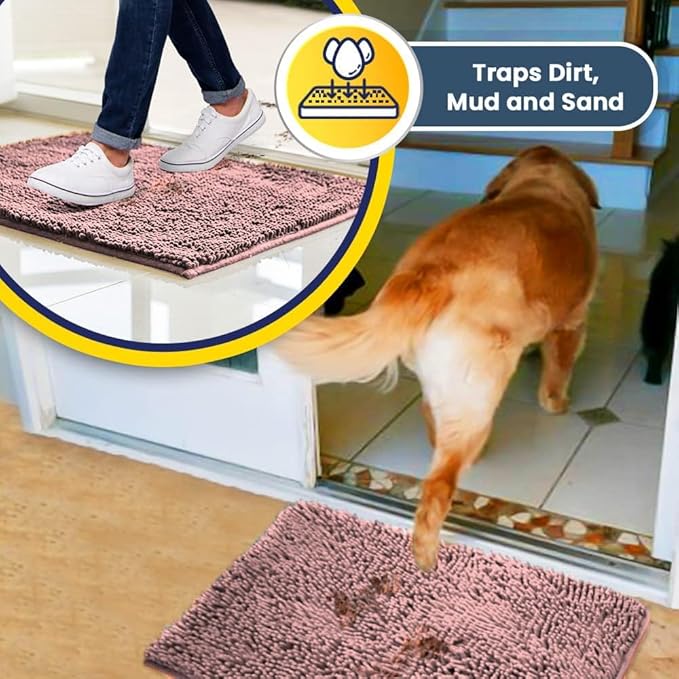 Muddy Mat® AS-SEEN-ON-TV Highly Absorbent Microfiber Door Mat and Pet Rug, Non Slip Thick Washable Area and Bath Mat Soft Chenille for Kitchen Bedroom Indoor and Outdoor - Light Pink 48" x 60"