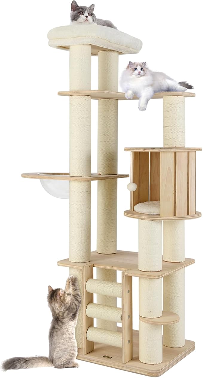 Tangkula 71” Tall Cat Tree, Multi-Layer Wood Cat Tower with Scratching Posts, Perch, Condo, Space Capsule, Ladder, Dangling Ball, Washable Cushions, Modern Cat Tree Tower for Indoor Cats Large Adult