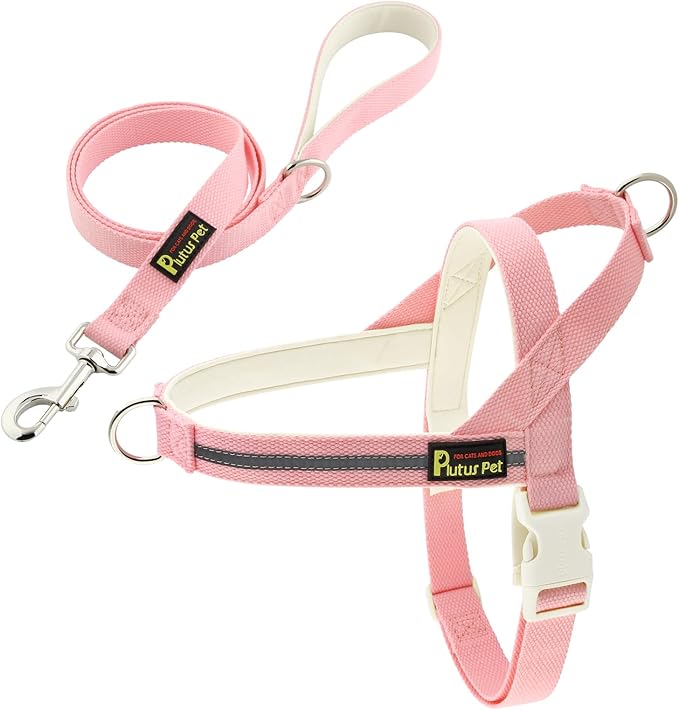 Plutus Pet Cotton Dog Harness and Leash Set, Reflective and Soft Padded, Quick Fit Vest Harness, for Small, Medium and Large Dogs, Pink, XXS