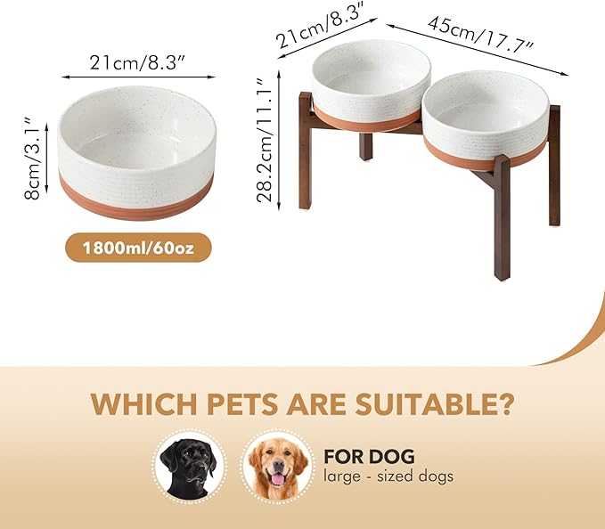 Ceramic 8.2inch Raised Double Dog Bowls Set with Acacia Wood Stand, Food & Water Bowls for Large Breed Dogs, Weighted Pet Dishes(60oz, Vanilla White)