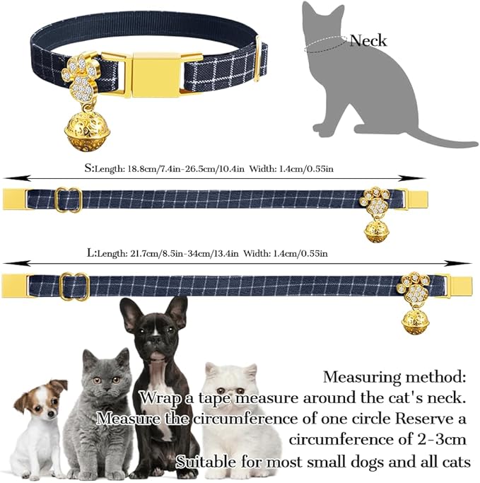 Personalized Breakaway Cat Collars - Magnetic Buckle, Bell - Safety Quick Release, Customized for Girls & Boys Cats- (Checkered-Navy)