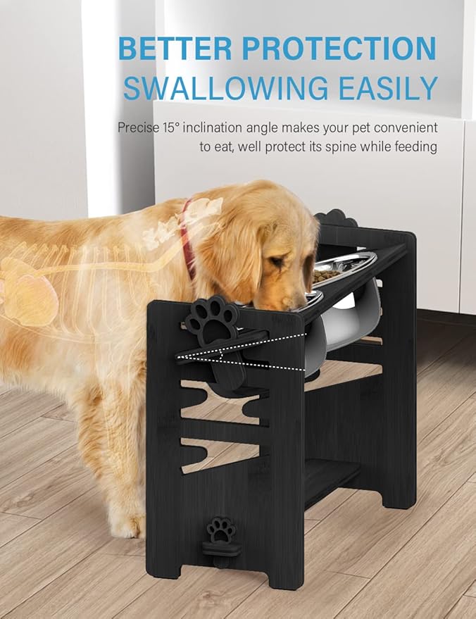 Vantic Elevated Dog Bowls, Adjustable Raised Dog Bowl Stand for Large and XLarge Pet, Sturdy Bamboo Food Feeder with 2 Stainless Steel Dishes, Black