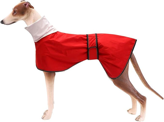 Dog Raincoat with Reflective Bar, Rain/Water Resistant, Adjustable Vest - Dog Raincoats for Greyhounds, Lurchers and Whippets - Red - L