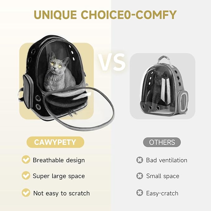 Cat Backpack Carrier, Breathable Cat Carrier Large Space Bubble Pet Backpack for Kitty Small Dog up to 12lbs, Transparent & Foldable Pet Carrier for Travel Hiking (Black
