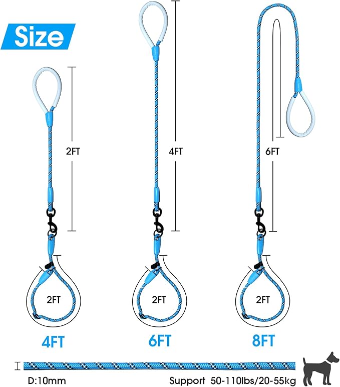 Detachable 2/5" Slip Lead, 4FT 6FT 8FT with Comfortable Silicone Handle Strong Rope Leash for Large Medium Small Dogs No Pull Highly Reflective Pet Training Leash (Blue-Black, 8FT)