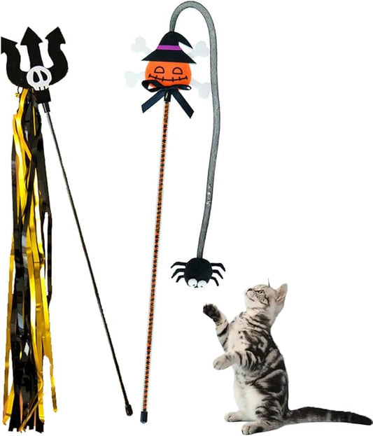 Halloween Cat Teaser Wand, 2 Pack Interactive Cat Wands Toys with Pumpkin Witch Spider and Trident Skull Tassels, Fun Exerciser for Kittens and Cats
