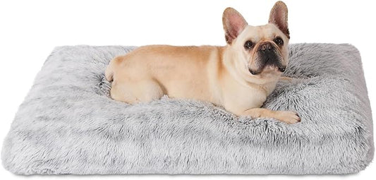 Bedfolks Plush Dog Crate Bed, Washable Cover, Faux Fur Dog Kennel Pad - 35"x23", Grey