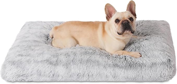 Bedfolks Plush Waterproof Dog Crate Bed, Removable Washable Cover, Faux Fur Kennel Pad, 29"x21", Grey