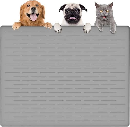 Largest Dog Food Mat, 39.5"x29.5" Silicone Dog and Cat Mat for Food and Water Bowls, Thinken Waterproof Non-Slip XXXL Pet Feeding Mat for Floors (Grayish White)