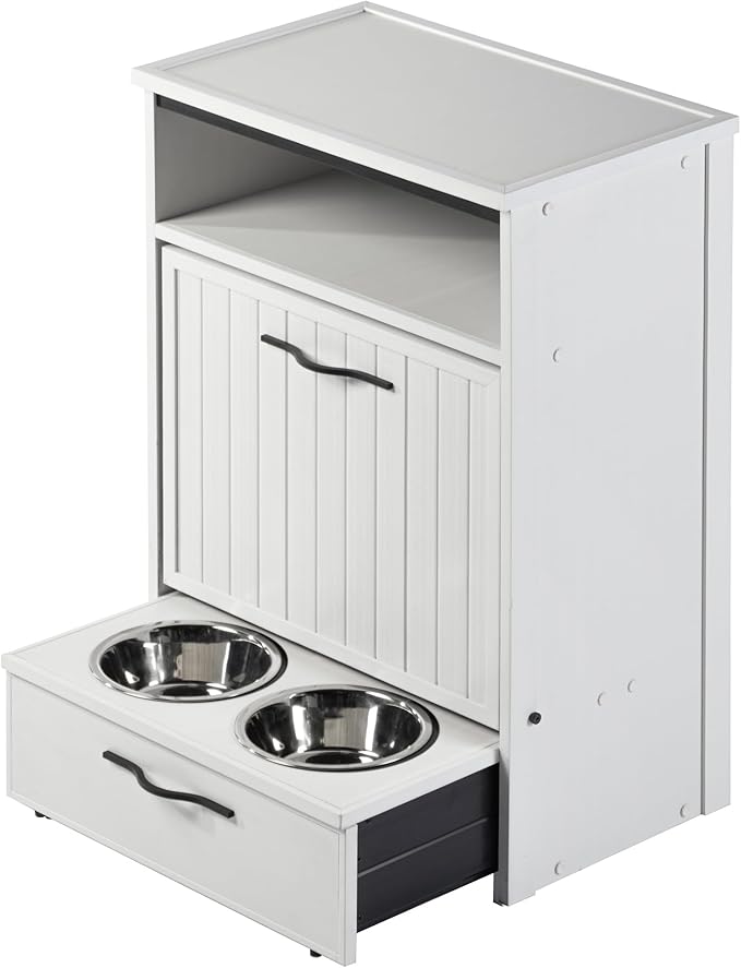 New Age Pet ECOFLEX Dog Food Pantry and Feeding Station - Antique White, Includes 2X 32oz Stainless Steel Bowls, Moisture Resistant, Easy Assembly, Holds 25 lbs of Dog Food