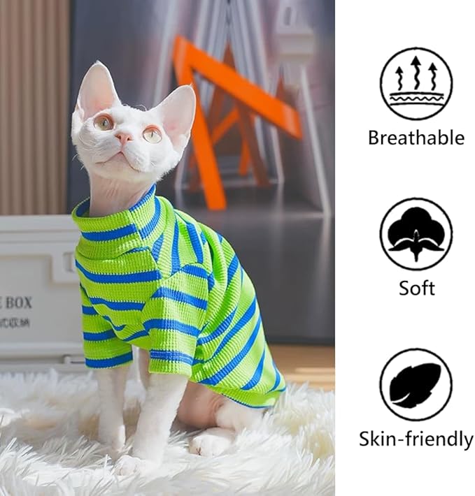 Striped Waffle Knit Shirt for Sphynx Cat, 2-Leg Long Sleeve Lightweight Outfit for Hairless Cats, Soft All-Season Pet Clothes (Green, X-Large (7-9.5 lbs))
