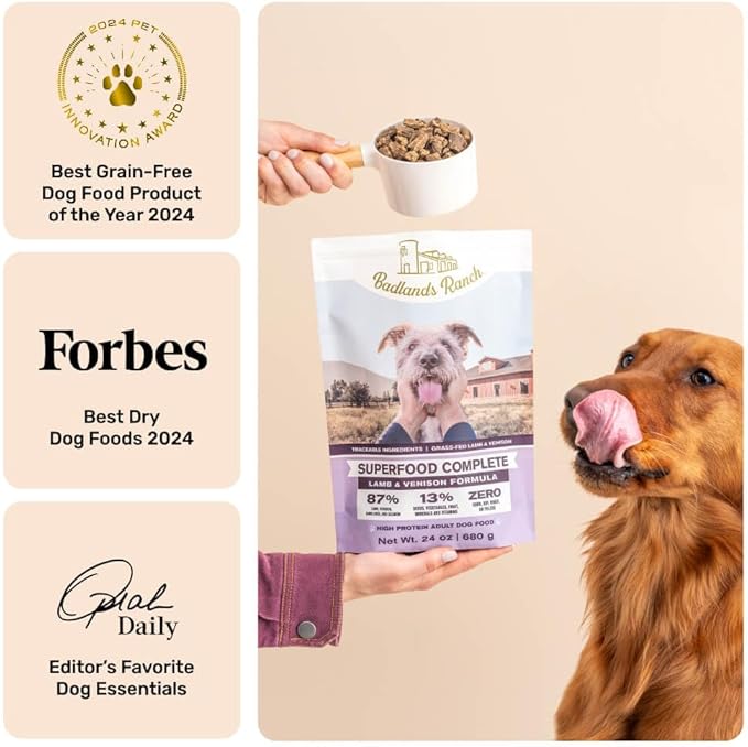 BADLANDS RANCH - Superfood Complete, Air-Dried Adult Dog Food - High Protein, Zero Fillers, Superfood Nutrition by Katherine Heigl (64 oz., Lamb & Venison)