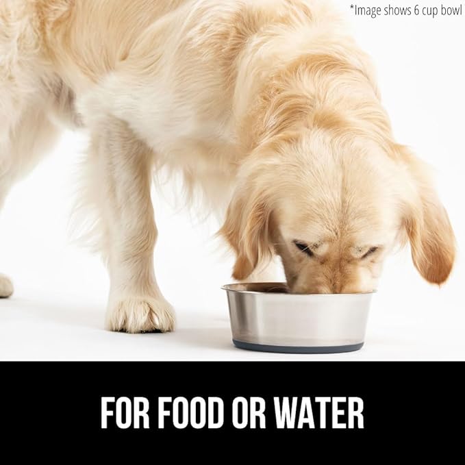 GORILLA GRIP Stainless Steel Metal Dog Bowl, Rubber Base, Heavy Duty Feeding Dish, Food Grade BPA Free, Less Sliding on Floors, Quiet Pet Bowl for Cats and Dogs, Holds 6 Cups (48 fl oz), Gray