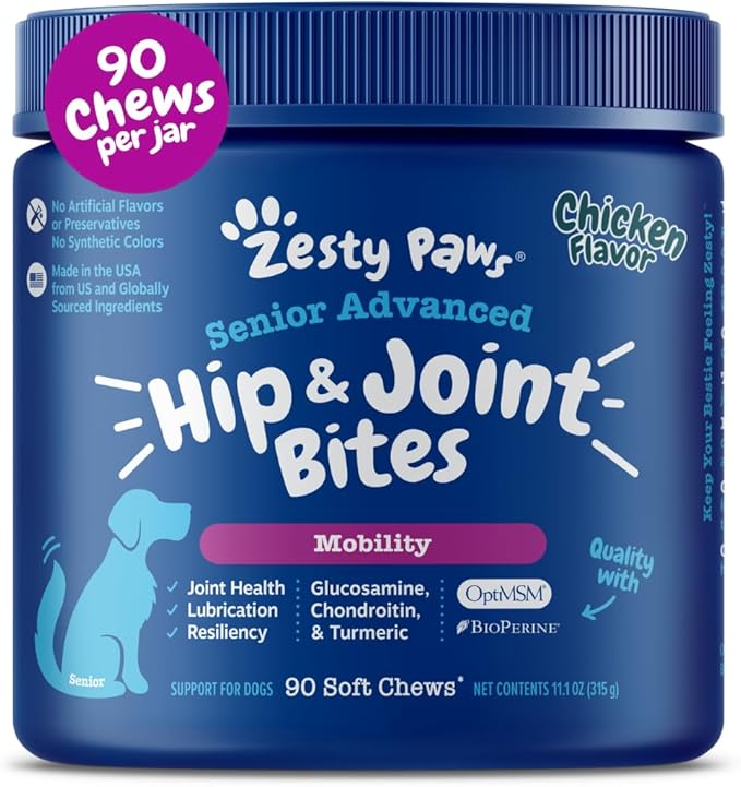 Zesty Paws Mobility Bites Joint Supplement for Dogs - Soft Chews with Glucosamine for Dogs, Chondroitin, & MSM + Vitamins C and E - Adv Chicken - 90 Count