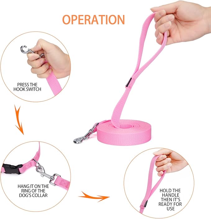 Strong Durable 15ft Nylon Dog Training Leash, 1 Inch Wide Traction Rope, for Small and Medium Dog (Pink, 15 Feet)