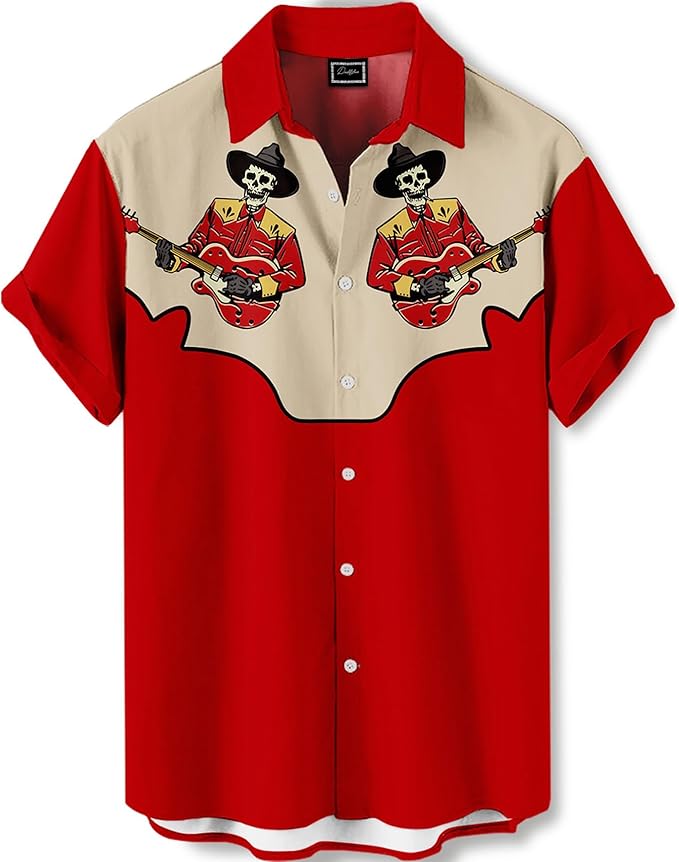 Men’s Hawaiian Shirt Western Cowboy Symmetrical Print Short Sleeve Button Down Casual Beach Holiday Summer Shirt