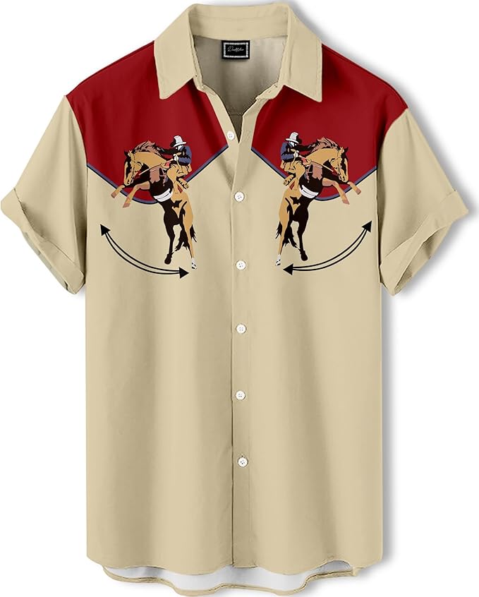 Men’s Hawaiian Shirt Western Cowboy Symmetrical Print Short Sleeve Button Down Casual Beach Holiday Summer Shirt