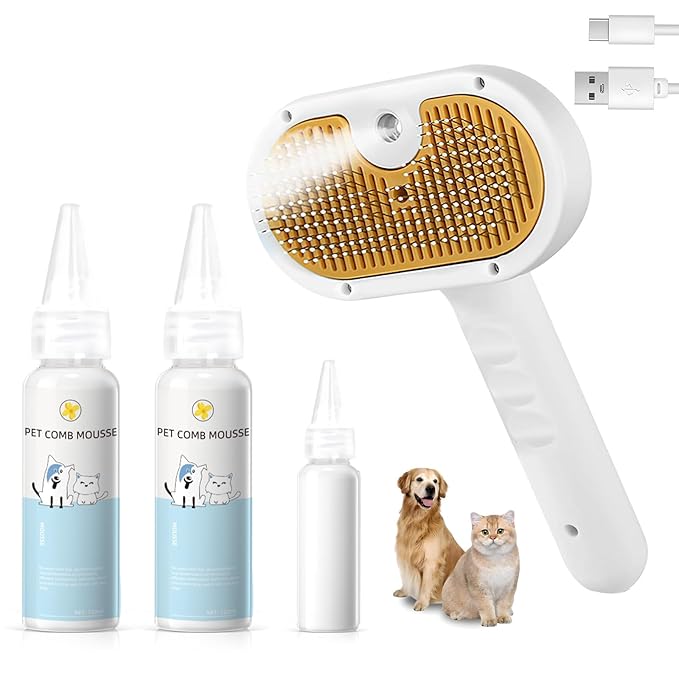 Pet Steam Brush for Dog & Cat – 3-in-1 Spray Hair Removal Comb – Steam for Shedding & Grooming – Water Brush for Long & Short Haired Pets – Spritz Defur Comb – Includes Waterless Shampoo