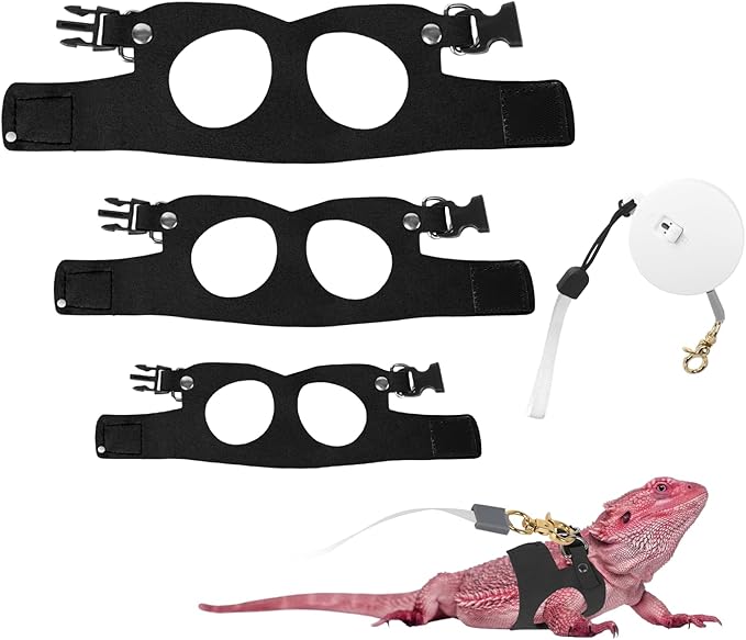3Pack Bearded Dragon Leash and Harness Set, Bearded Dragon Accessories Clothes Stuff, Adjustable Easy Walk Rat Harness with 6.56 ft, Vest Accessories for Reptile Squirrel Rat Walking (3 Size, Black)