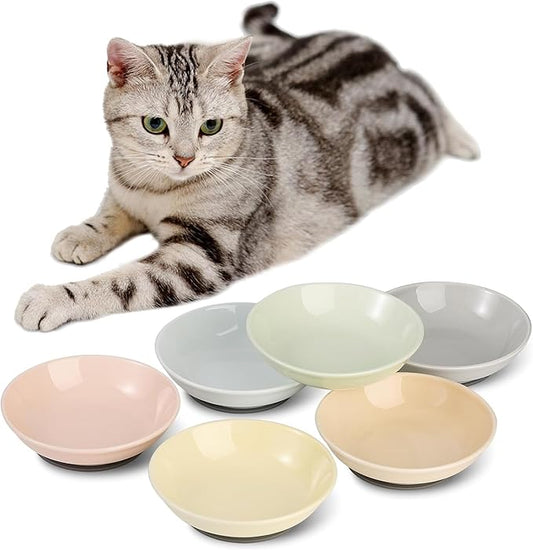 Ceramic Cat Food Bowl Set - 5.75 inch Colorful Cute Cat Dishes with Non Slip Pads - Wide Shallow Whisker Friendly - Microwave and Dishwasher Safe - 6 Pack - 8.5 oz