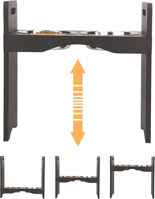 Spirtro Elevated Dog Bowls Station- Adjustable to 3 Heights, 3”, 8”, 12”, Raised Pet Stand Feeder, Double Stainless Steel Food and Water Dishes for Small to Middle Dogs Cats, Solid Wood- Dark Brown