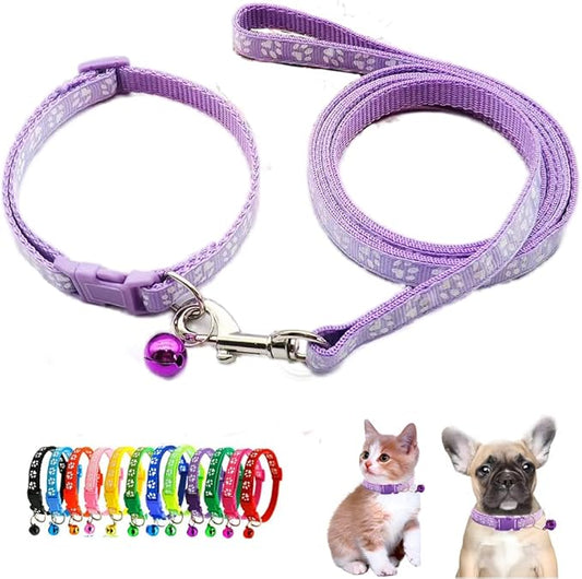 XXS Dog Collar with Bell Leash Set, Nylon Basic Reflective Puppy Collars Paw Print for Boys Girls Xs Small Cat Pet Animal Litter Tiny Kitten,Pale Purple