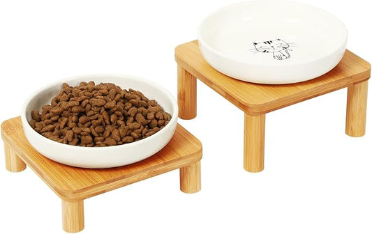 Elevated Cat Bowls for Indoor Cats – Raised Bamboo Cat Bowl Stand with 5.75 Inch Wide Ceramic Dishes, Pet Food Plate Table for Easy Feeding, Whisker Friendly (White,Set of 2)