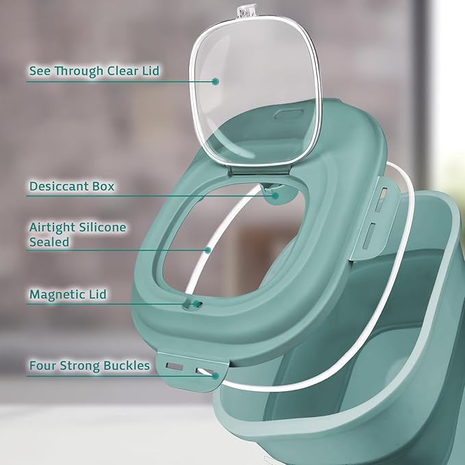 Rice Storage Bin Cereal Containers, 13-50lb Collapsible Rice Container Dispenser with Transparent Lid, Rolling Wheels, Measuring Cup and Scoop, Airtight Dog Cat Pet Food Storage Container Green