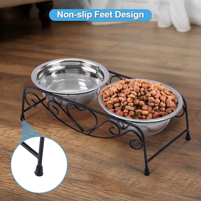 Pet Bowl, Double Cat Dog Waterer Bowls Stainless Steel Elevated Pet Water Food Feeder with Non-Slip Raised Stand for Small Dogs Cats Puppy Kitty