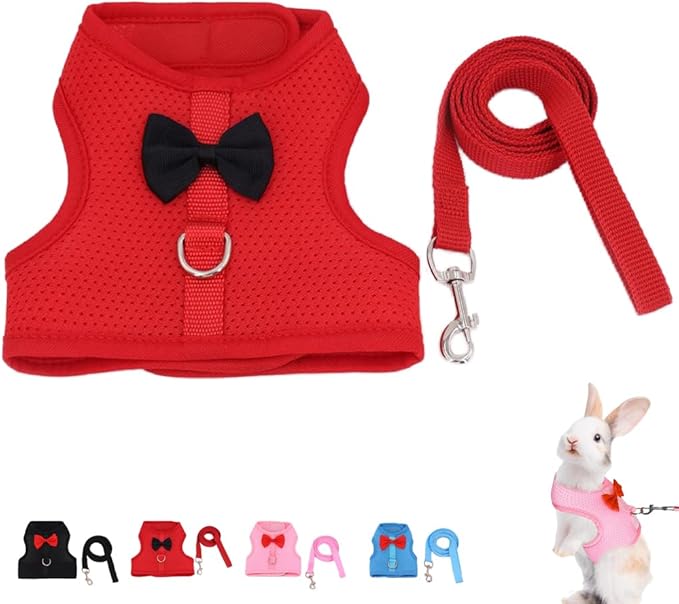 Rabbit Harness and Leash Set for Walking Escape Proof, Mesh Breathable Adjustable Bunny Harness Camping Hiking Training for Ferret Kitten Puppy Red M (Chest:9.4-11.8")