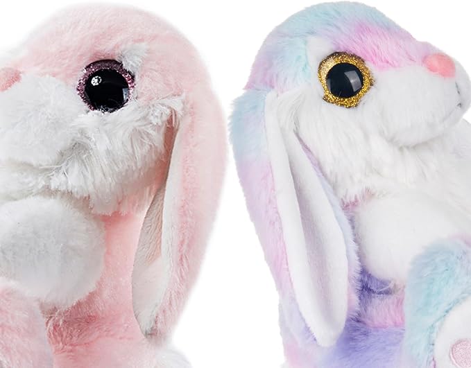 My OLi Bunny Stuffed Animal Pack of 2 Plush Rabbit 7in Stuffed Bunny with Floppy Ear Bedtime Friend Soft Toy Gifts for Girls Boys Kids, Pink & Rainbow
