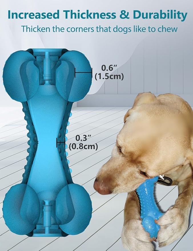 SCHITEC Two Squeaky Dog Chew Toy for Aggressive Chewers Large Breed, Tough Indestructible Rubber Bone with Toothbrush for Big Medium Dogs Teeth Cleaning, Blue and Orange