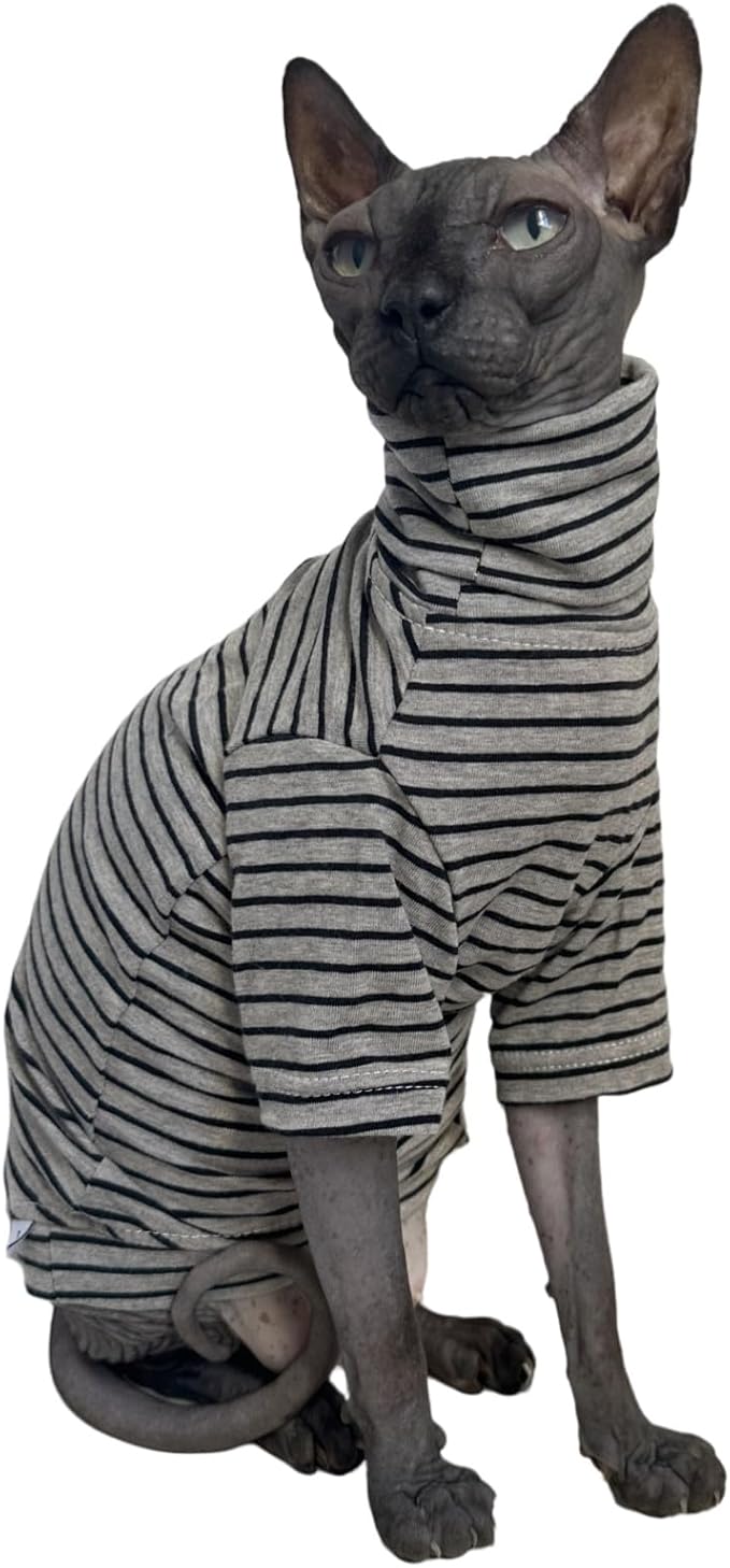 Vintage Stripes Sphynx Hairless Cats Shirt Cotton Cat Turtleneck Pet Clothes Kitten T-Shirts with Sleeves for Sphynx Cornish Rex, Devon Rex, Peterbald (Grey Stripe, X-Large (Pack of 1))