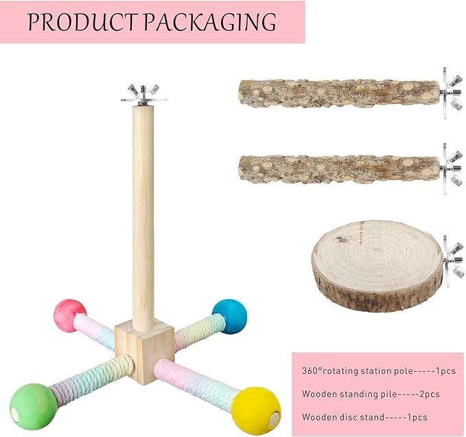 Bird Stand Perch Toy, Parrot 360° Interactive Rotating Parakeet Toys, Wooden Bird Cage Accessories Exercise Wheel Parrot Budgie Toys, Suitable for Cockatiels Lovebirds Conures Finches