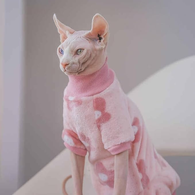 Cat Flannel Floral Clothes, Warm Soft Winter Jumpsuit Flower Prints Sweater Shirt Clothing for Hairless Sphynx, Devon & Indoor Kittens (Pink, 2XL)