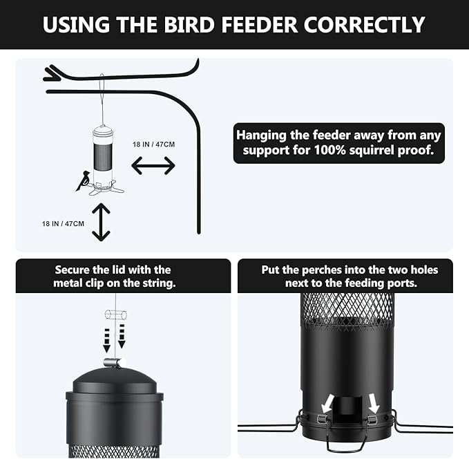 LCSEVEN Bird Feeders for Outdoors Squirrel Proof with Weight-Activated Perches, Hanging Bird Feeder for Outside, Metal Feeder for Wild Cardinal, Finch, Blue Jay, Chickadee, 3LB Seed Capacity, Black