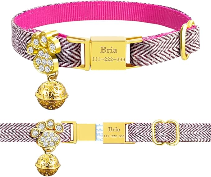 Personalized Breakaway Cat Collars - Magnetic Buckle, Bell - Safety Quick Release, Customized for Girls & Boys Cats- (Herringbone-Rose Red)