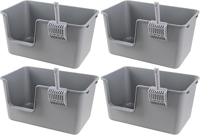 4 Packs Large Cat Litter Box with High Sides, Grey Open Top Cat Litter Basin
