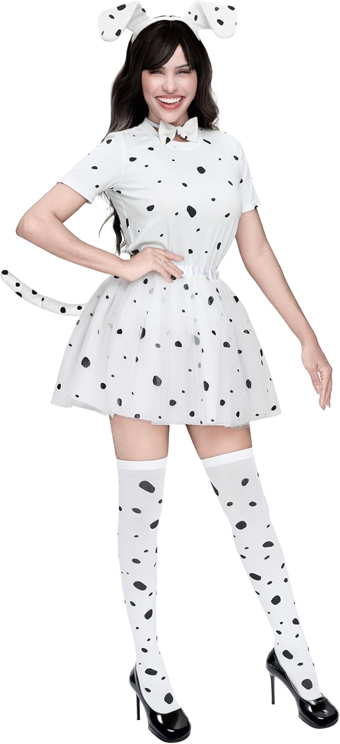 Spooktacular Creations 6 Pcs Halloween Women Dalmatian Dog Costume Set, Dalmatian Puppy Costume for Adult Women