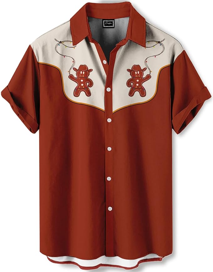 Men’s Hawaiian Shirt Western Cowboy Symmetrical Print Short Sleeve Button Down Casual Beach Holiday Summer Shirt