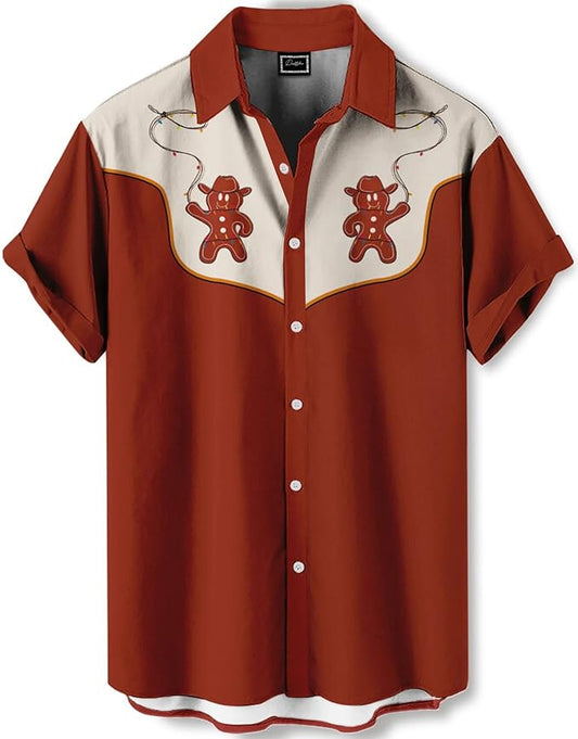 Men’s Hawaiian Shirt Western Cowboy Symmetrical Print Short Sleeve Button Down Casual Beach Holiday Summer Shirt