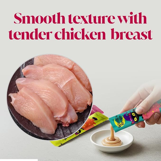 Witch's Recipe Lickable Cat Treats, Creamy Squeezable Puree, Grain-Free, 100 Tubes, Chicken Tuna Salmon goatmilk Capelin Flavors 0.5oz Each Tube