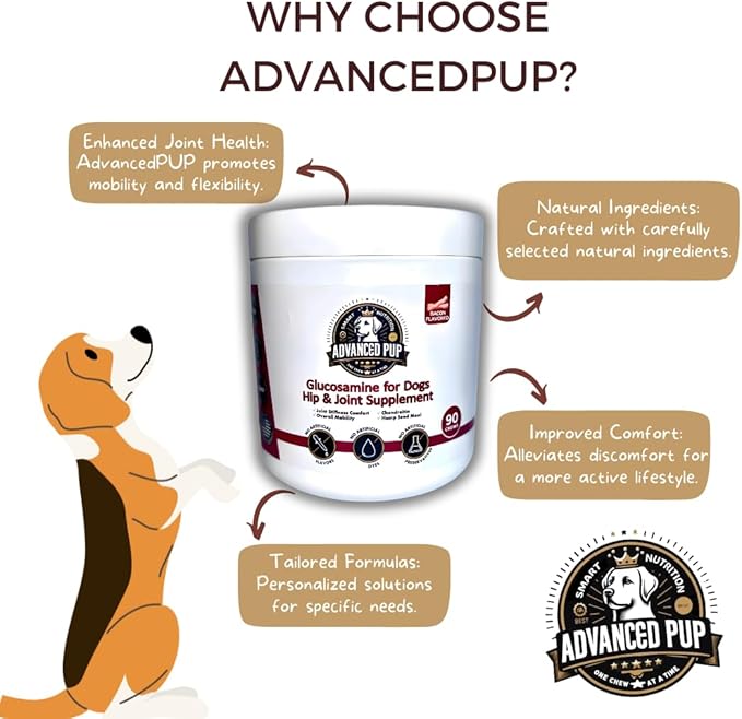 AdvancedPUP Hip and Joint Supplement - Effective Chondroitin MSM & Turmeric for Dogs - Dog Hip & Joint Care to Heal Dog Joint Stiffness & inflammation - Natural Glucosamine Supplement Tasty Bacon 90CT