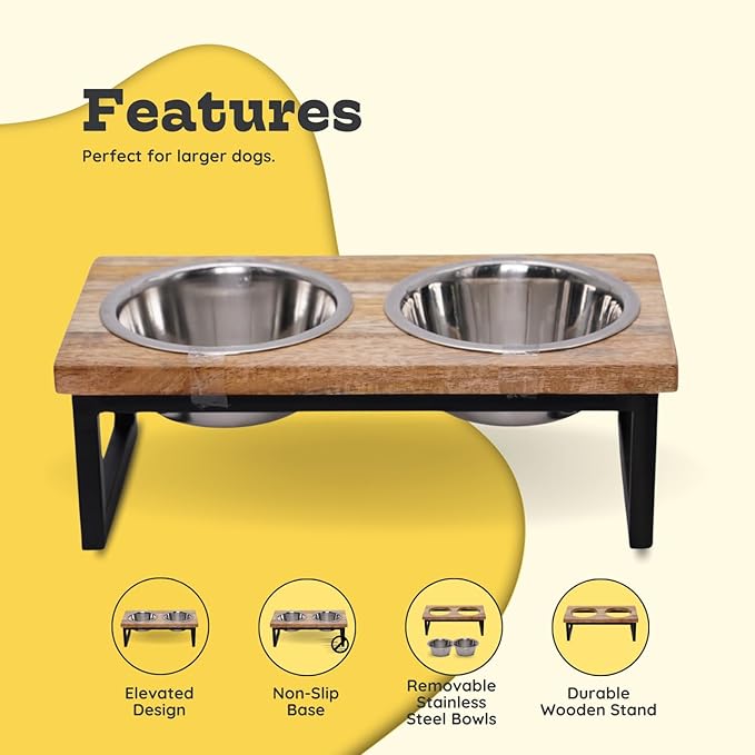 Elevated Dog Bowls, Medium 6 Height Mango Wood Raised Dog Bowl Iron Stand with 2 Pcs 64 oz Stainless Steel Pet Dishes | Food & Water 8 Cup / 1.9 L Capacity Nonslip Cats Feeding Station