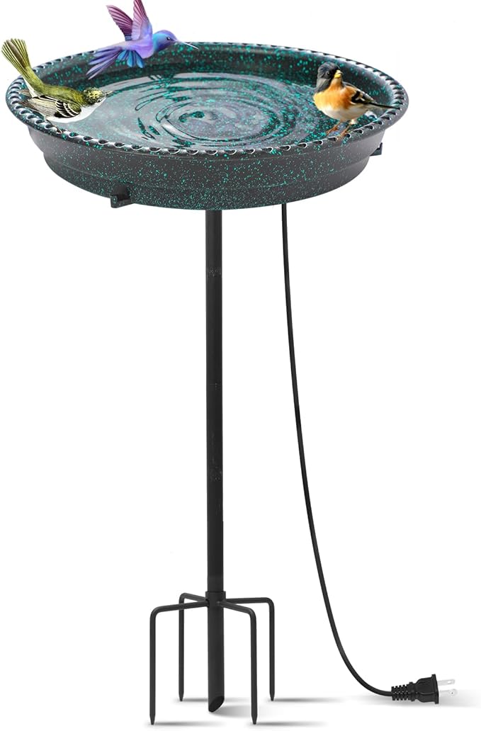 Heated Bird Bath for Outdoors,75W Bird Bath Water Heater Bird Bath Deicer,Heated Bird Baths Thermostat Control Weather Resistance Available with Stable Metal Pole for All Seasons-Green