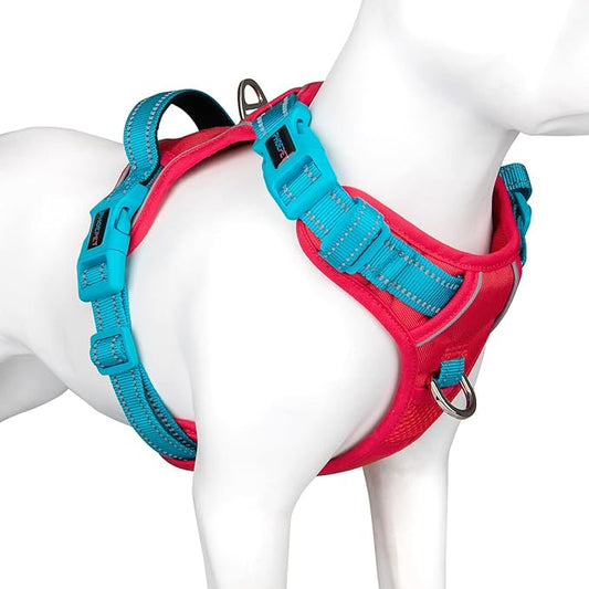 PHOEPET No Pull Dog Harness, Unique Colors Reflective Adjustable Dog Vest, with Soft Training Handle Metal Clips for Small Medium Large Dogs (Red Base & Teal Straps,S)
